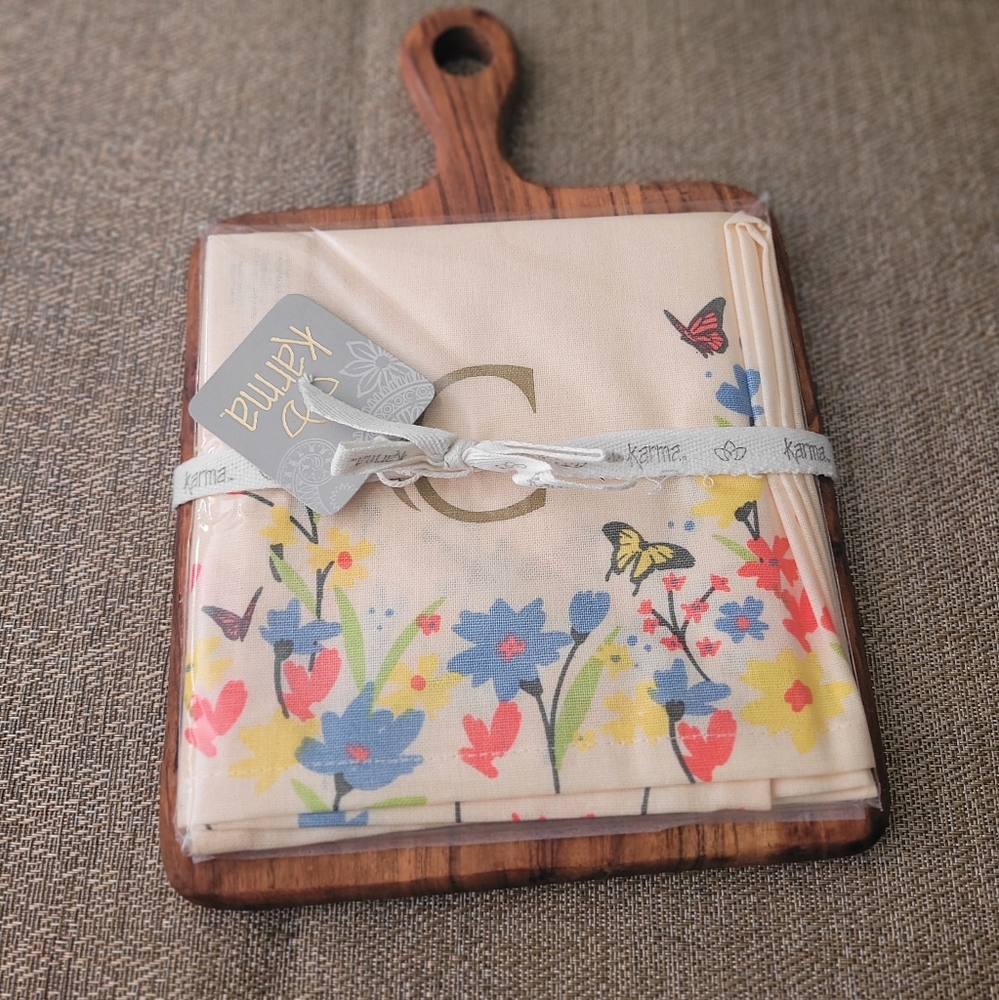 New Karma cutting board with tea towel.